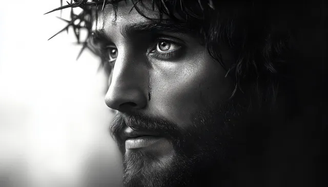 Sorrowful bearded man with crown of thorns, tear on cheek in monochrome close-up