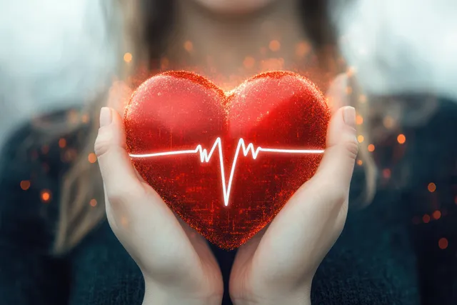 A person holds a glowing red heart with a heartbeat waveform across it against a soft bokeh background.
