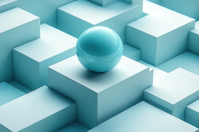 A green sphere leads white blocks through an isometric business strategy maze with subtle shadows.