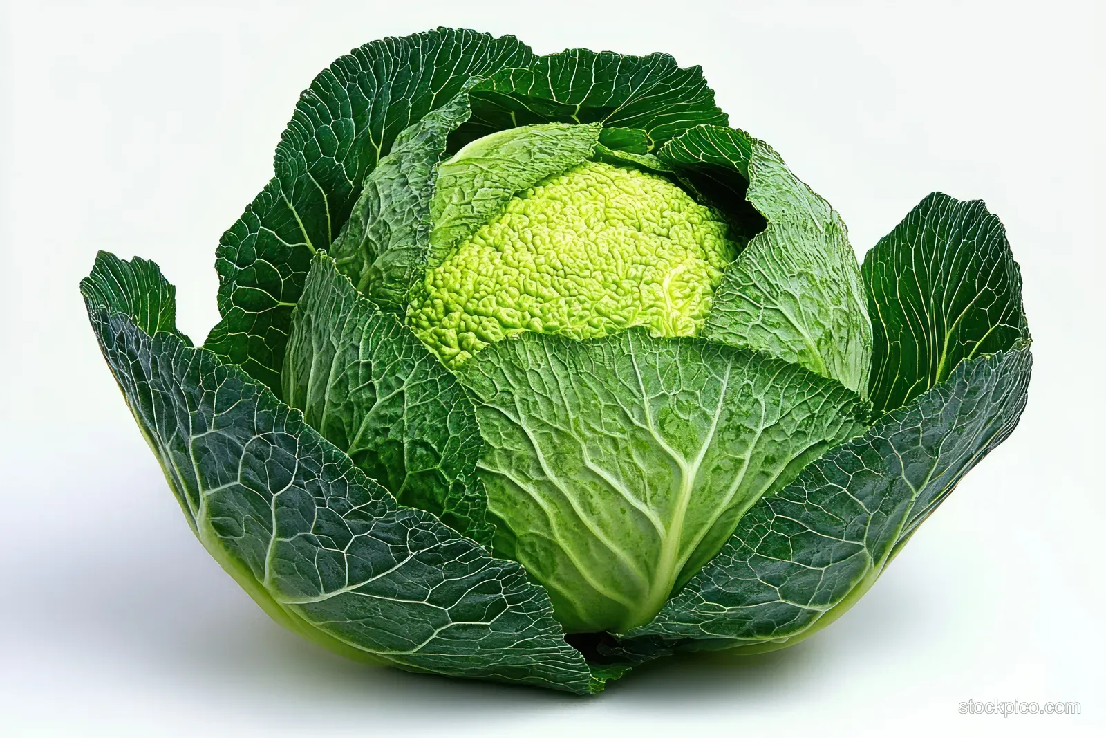 Fresh green cabbage with tightly packed inner head and dark green leaves on a white background.