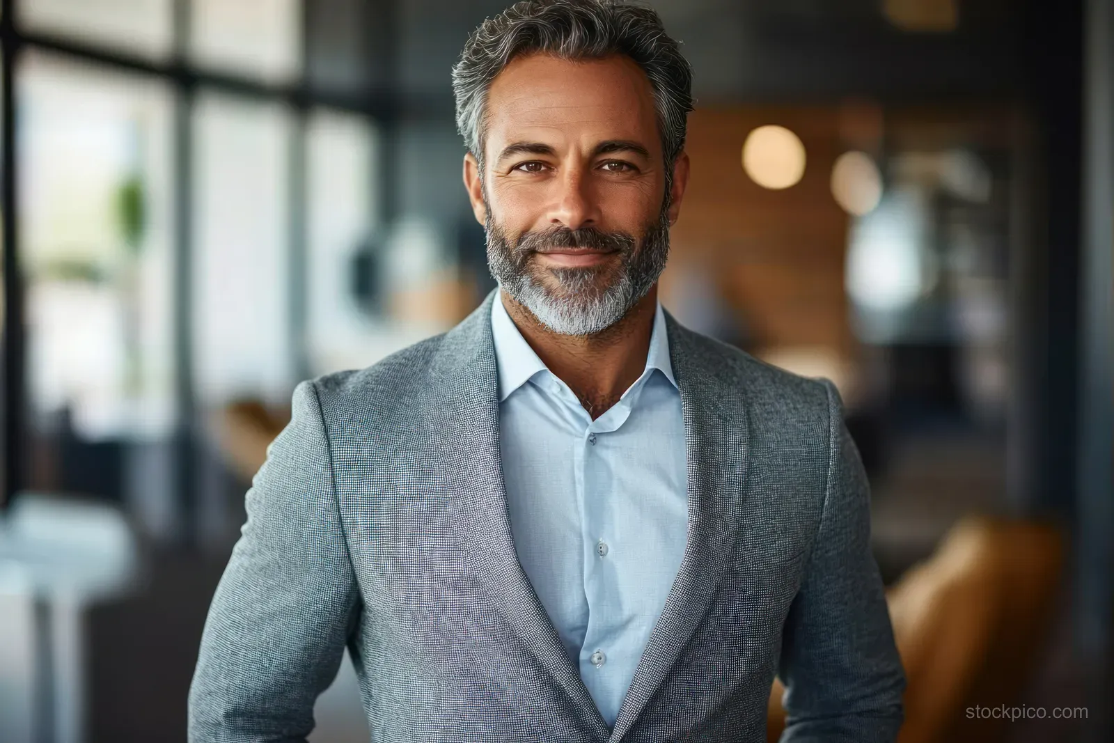 Smiling senior businessman stands in a modern office with natural window light and a gray blazer.