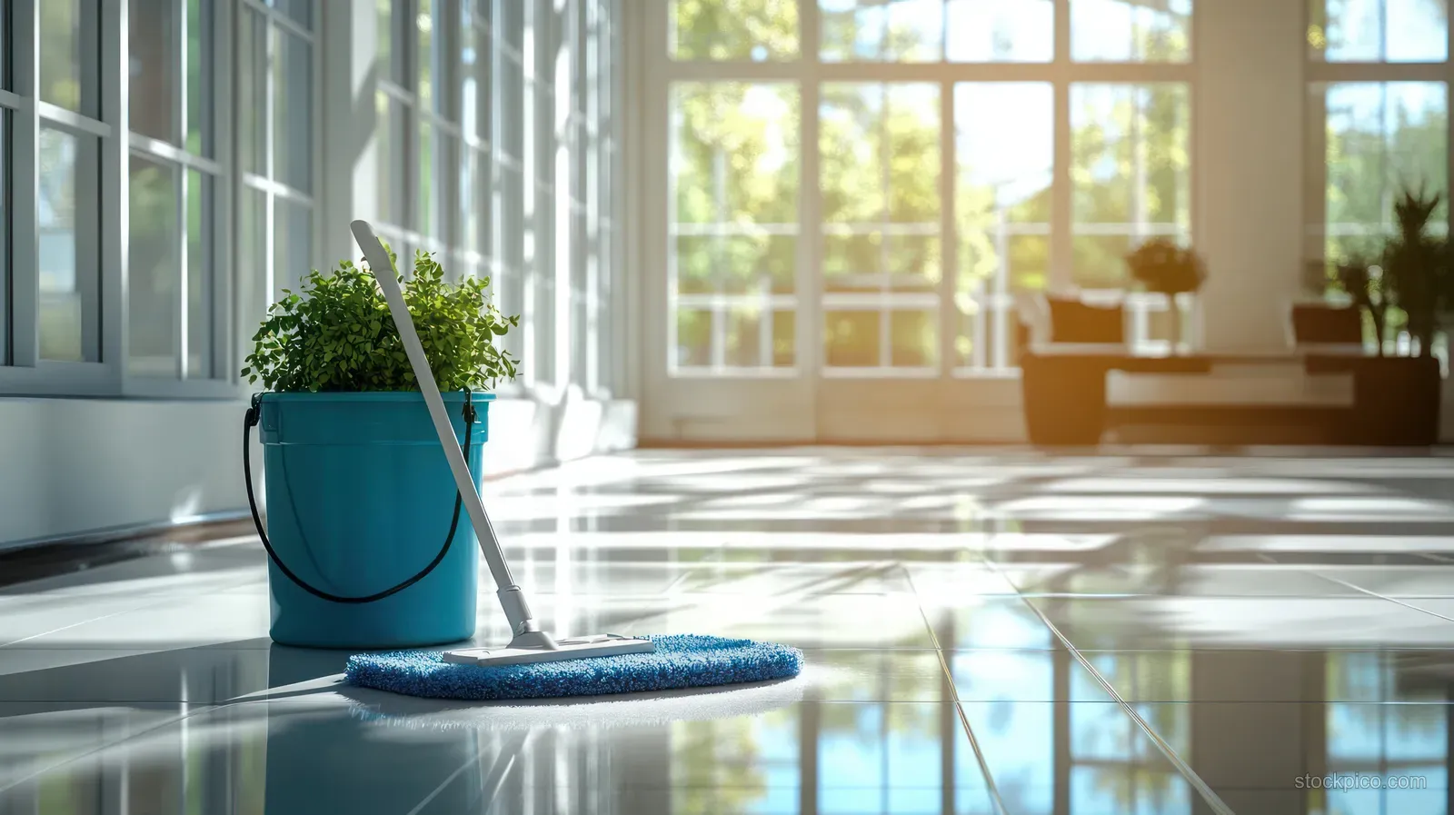 Blue mop and bucket rest on a glossy tiled floor beside sunlit windows in a minimalist room.