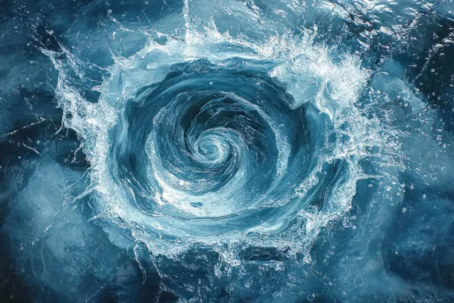 A deep blue spiral whirlpool churns the ocean surface with surrounding splashes and white foam.
