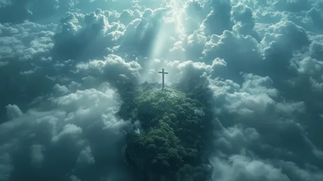 A glowing cross on a misty island is surrounded by thick clouds and radiant beams from above.