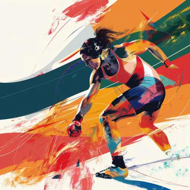 A female freestyle wrestler in a dynamic action pose on a wrestling mat with bold paint-splash background.