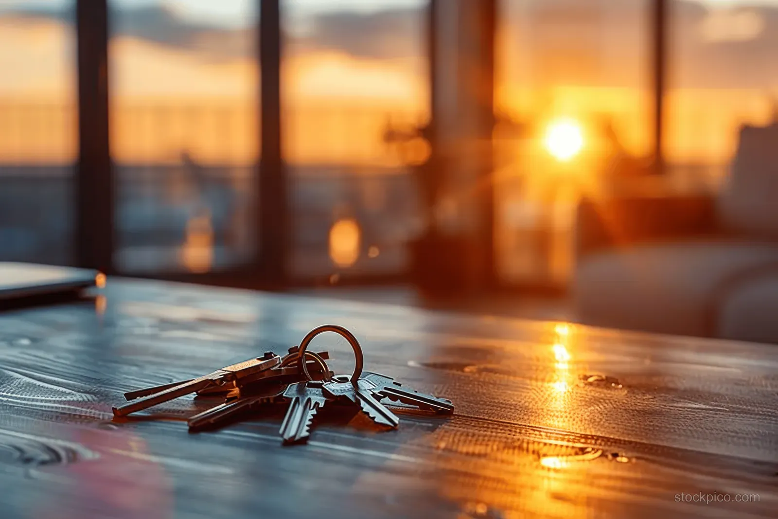 Keys lying on a tabletop in a bright apartment with sunset sunlight through large windows.
