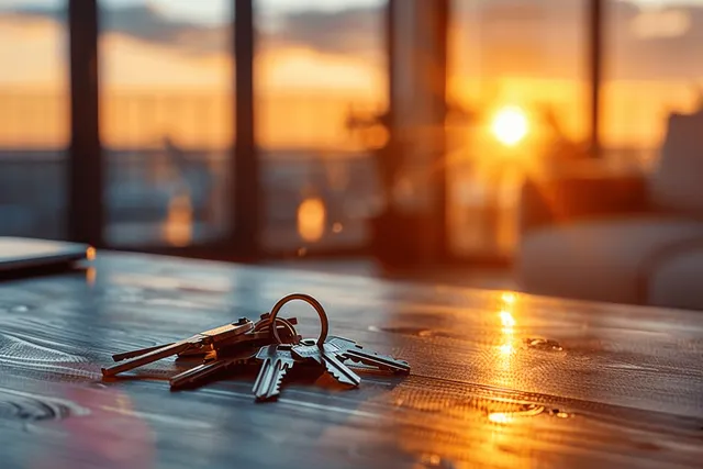 Golden sunset keys on apartment table near large window, signaling home ownership transition