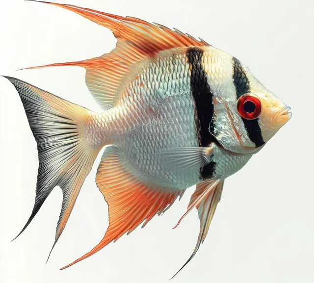 Orange and black tropical fish with long fins swimming against a clean white background