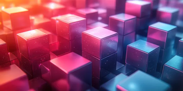 Abstract glowing cubes and geometric hexagons with blue-green gradient medical tech backdrop