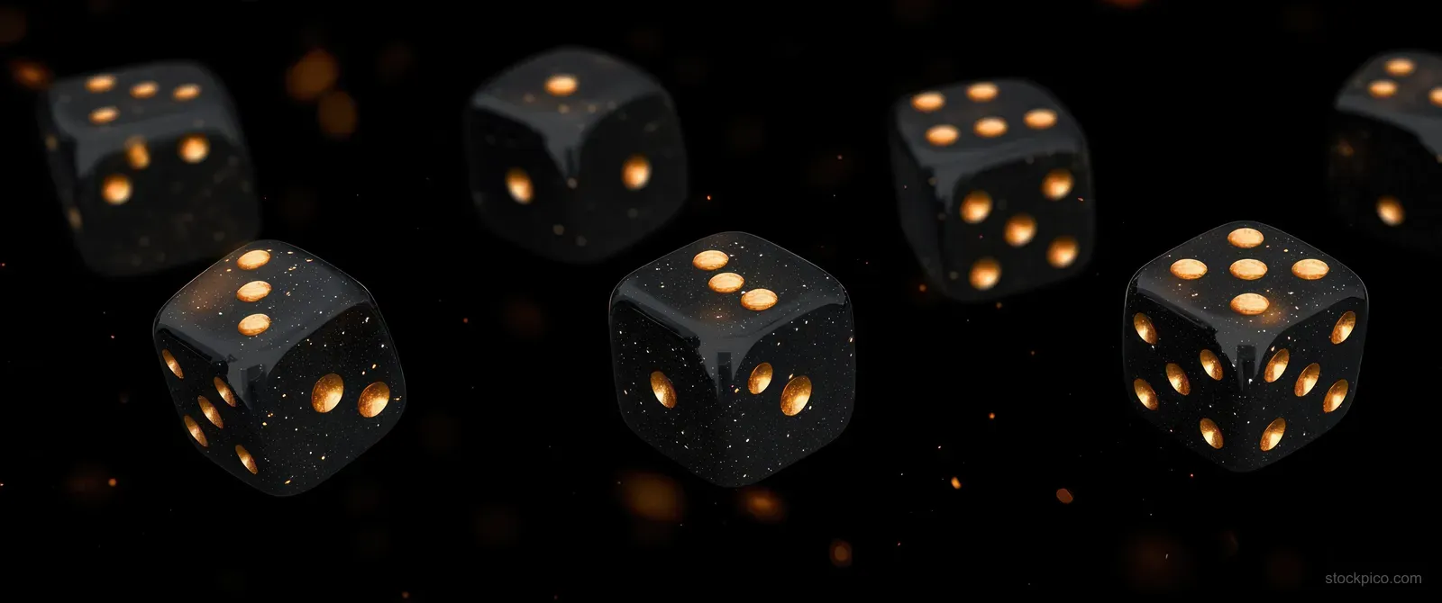 Matte black dice with golden pips spin against a dark background, suggesting casino chance.