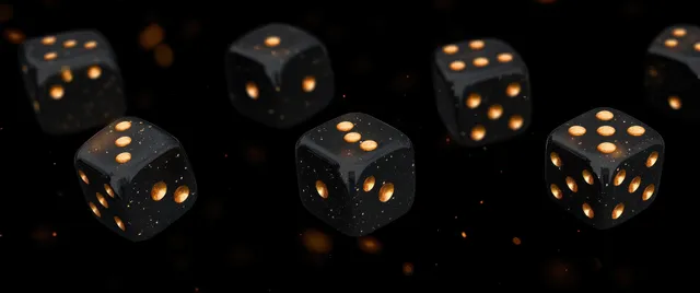Black dice with golden pips spinning on dark background for casino luck concept