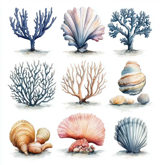 Watercolor marine set of coral branches, sea shells, and starfish on white background