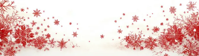 Red abstract snowflakes scattered and clustered on a white textured background create a winter festive border.
