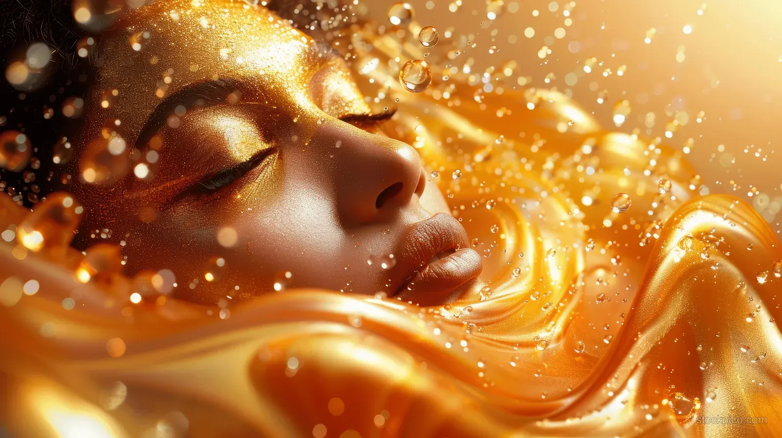 A woman's face is surrounded by swirling golden liquid and sparkling particles.