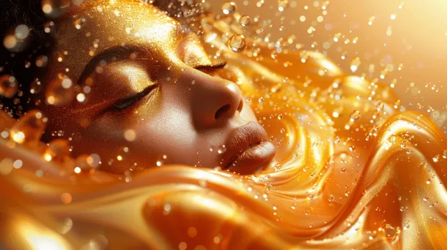 Woman’s Face Surrounded by Swirling Golden Liquid and Sparkling Particles