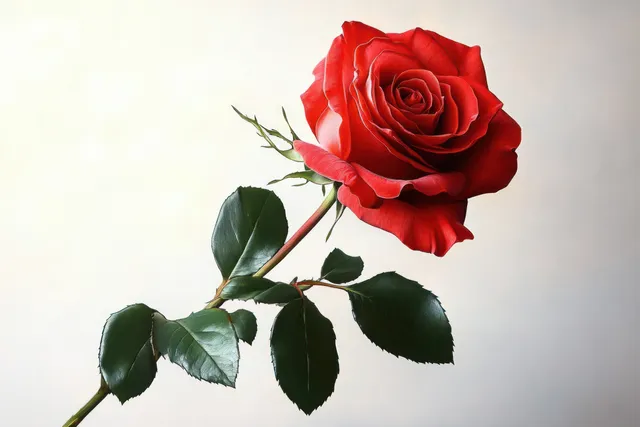 A single red rose with green leaves and smooth stem against a soft light background.