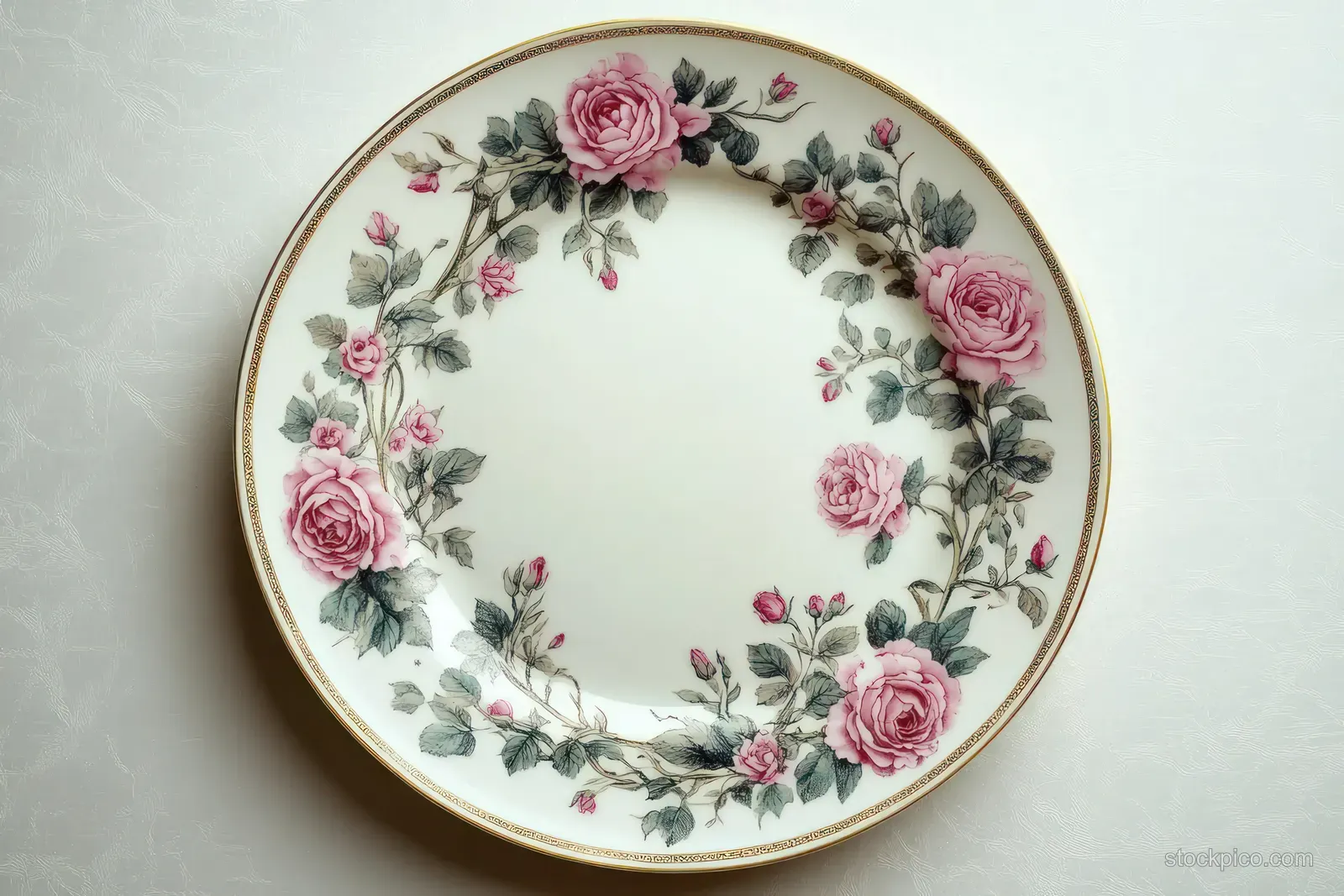 White porcelain plate with a pink rose wreath and green leaves, outlined with a delicate gold rim on white fabric.