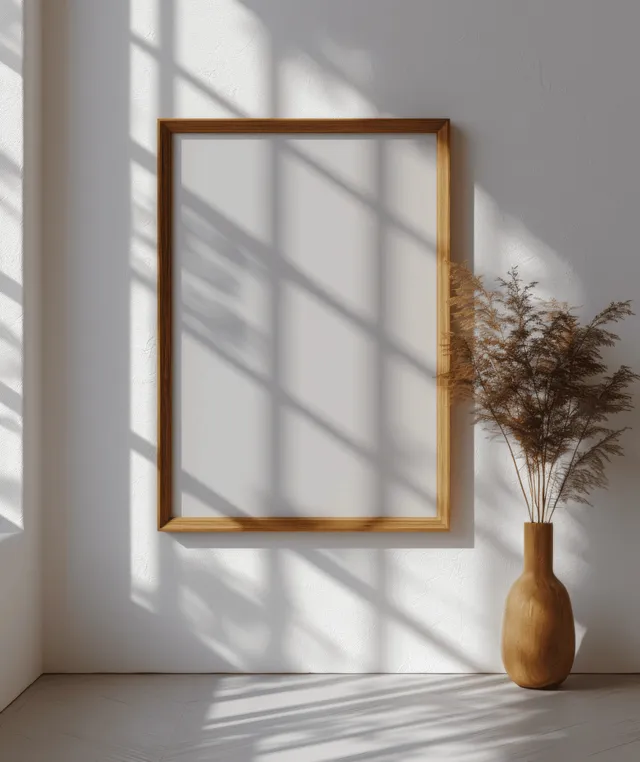 Vertical wooden picture frame mockup casting sunlight shadow on a light interior wall with Minimal Home Styling