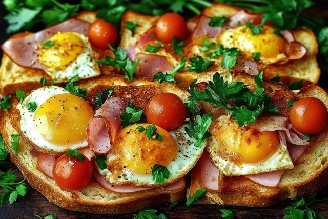 Toasted bread slices topped with fried eggs, ham, cherry tomatoes, and parsley garnish