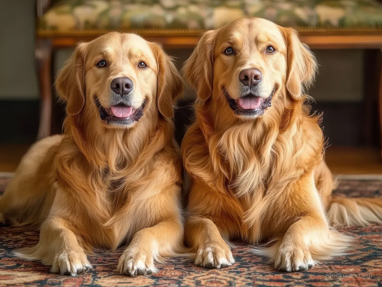 Two golden retriever dogs lie side by side on a patterned rug indoors, smiling at the camera.