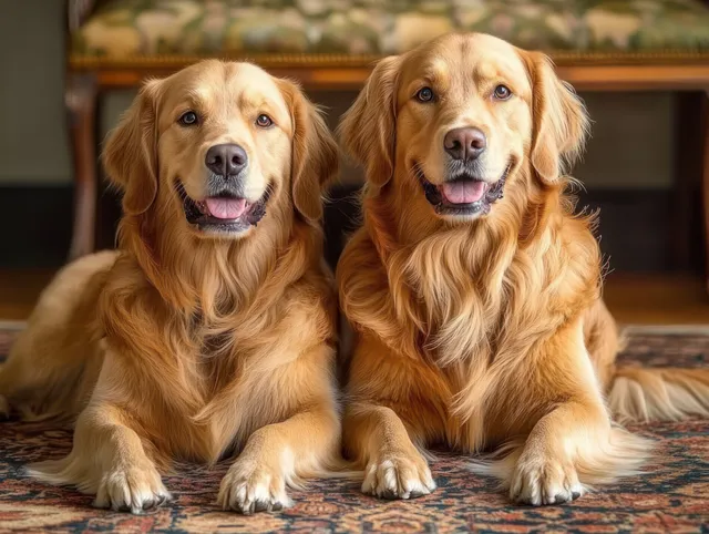 Two golden retriever dogs lying on patterned rug indoors, looking happily at camera