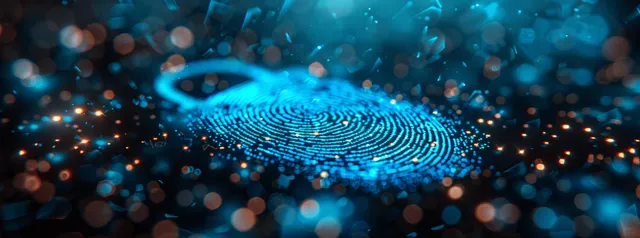 Digital fingerprint lock overlay with network security data in blue cyber background