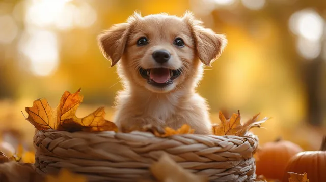 Cheerful puppy in a wicker basket with autumn leaves and pumpkins on a bright yellow background.