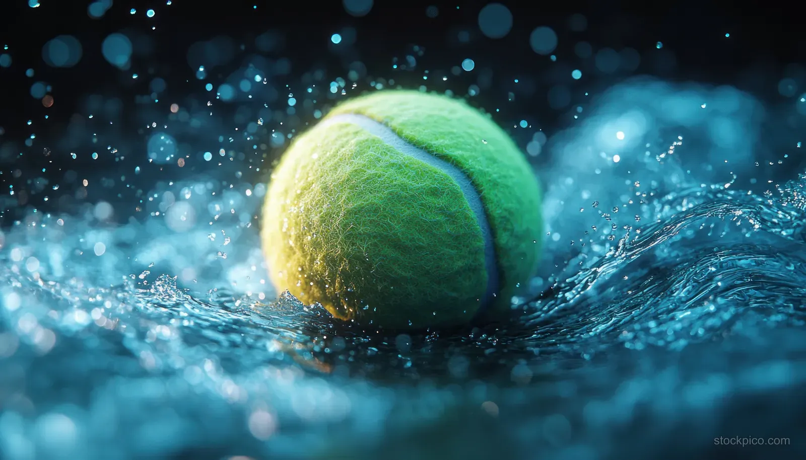 A glowing tennis ball splashes through neon-blue water with floating particles and wave-like light.