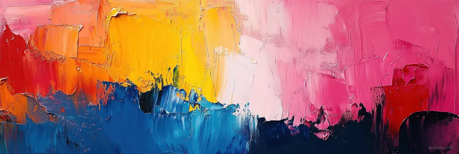 Textured abstract canvas painting with layered blue, pink, yellow, and red brush strokes and visible paint ridges.