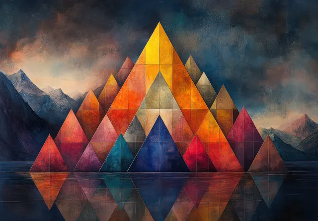 Colorful geometric pyramid reflecting layered human needs in moody landscape