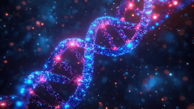 Glowing DNA double helix strands connect and break into gene-like fragments over a dark particle background.