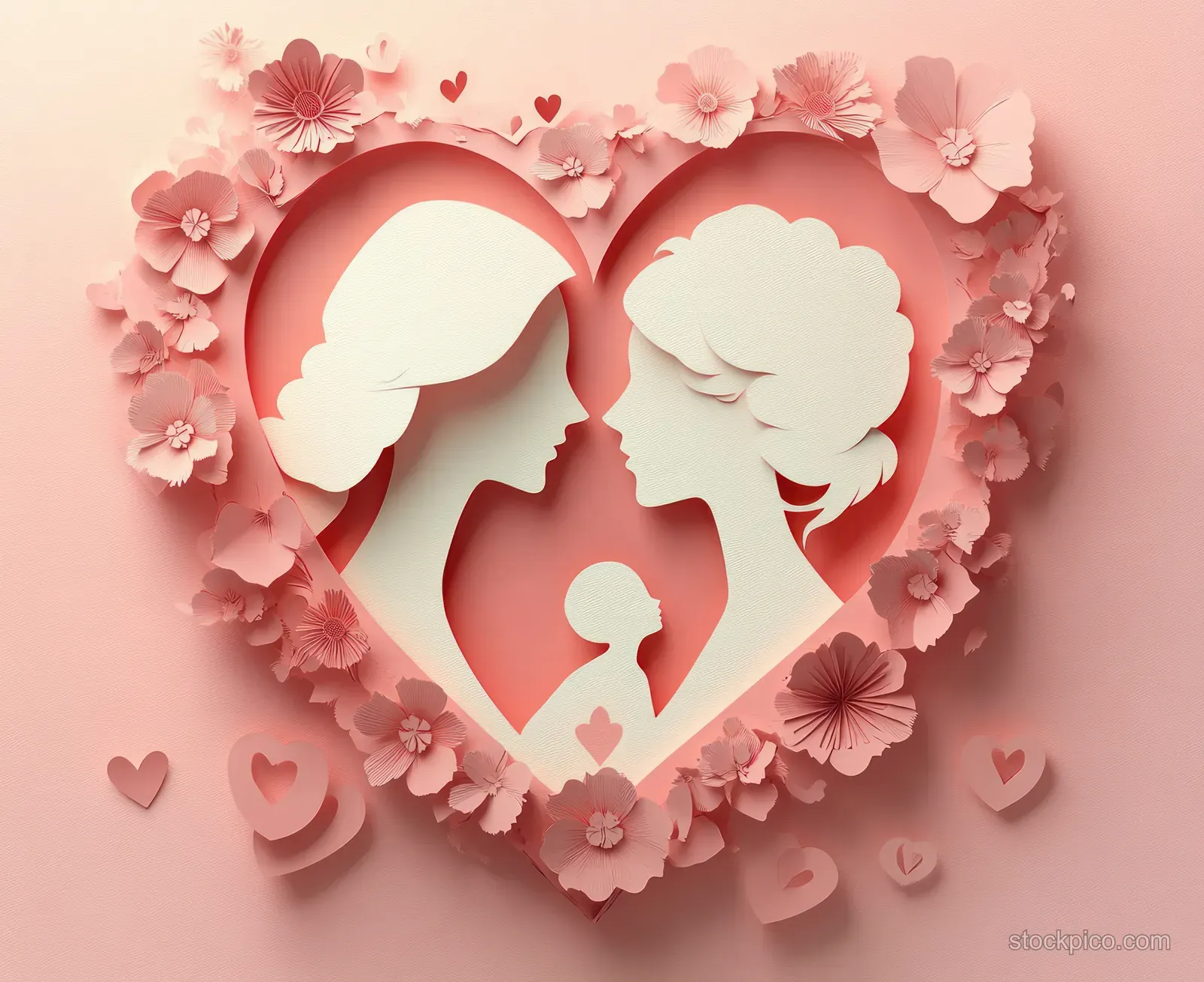 Mother and daughter silhouettes inside a layered heart with pink floral blossoms on a soft pink background.