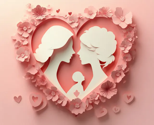 Mother and daughter silhouettes framed by layered heart with pink floral blossoms