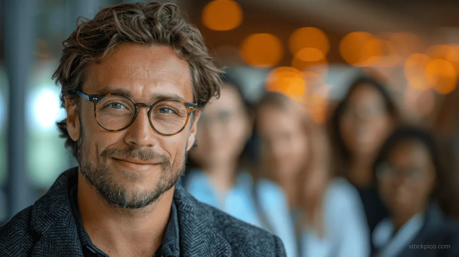 A businessman in glasses stands in front of a blurred smiling team in an office.