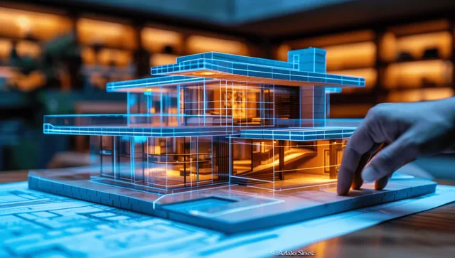 Architects and engineers studying glowing 3D building model on blueprint table