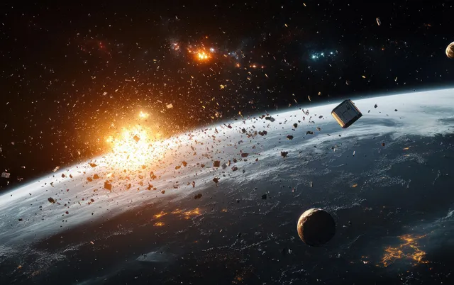 Space debris fragments and satellites scatter around Earth in low-orbit against a star-filled sky.