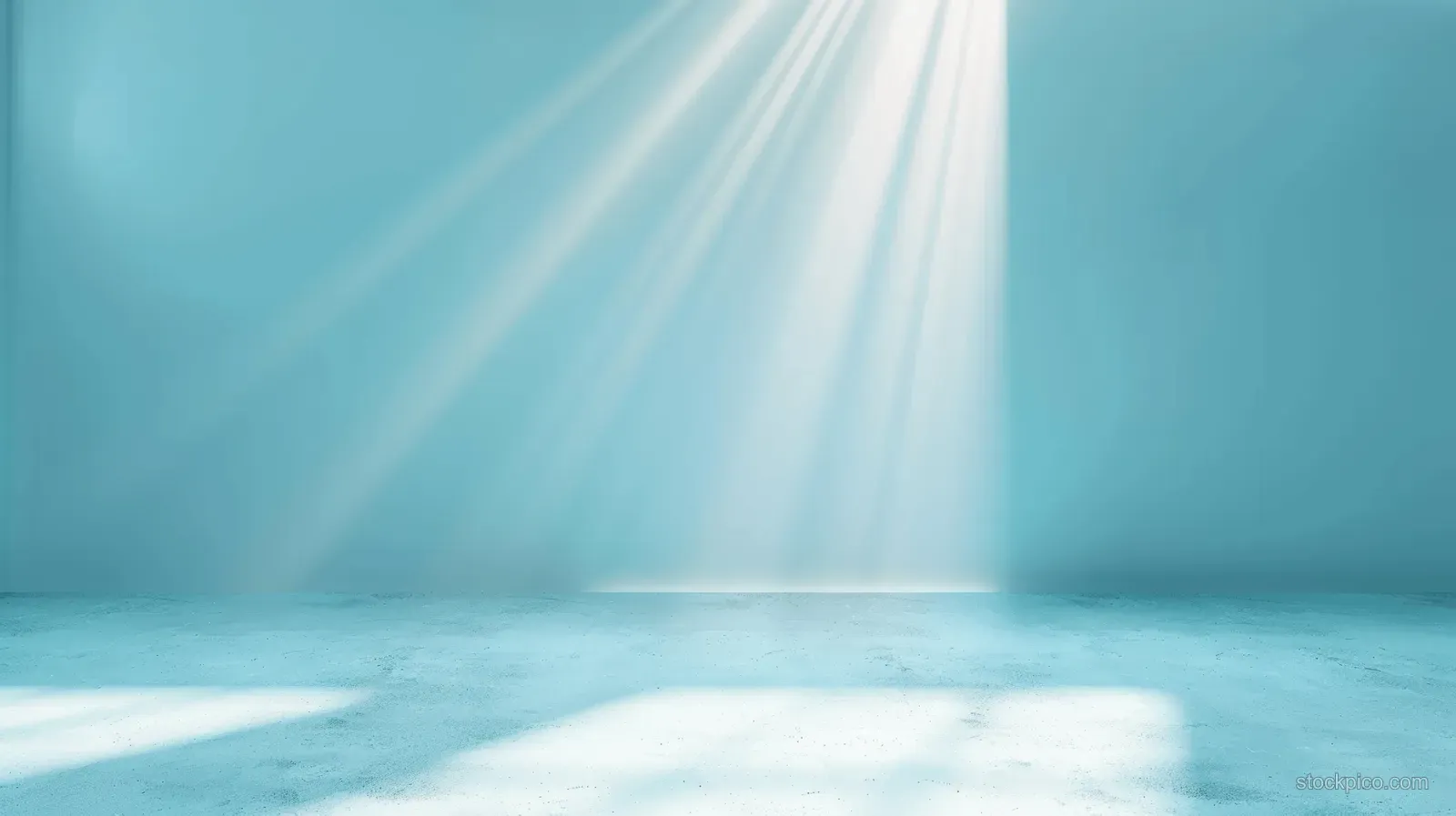 Light blue gradient background with diagonal sun rays and a spotlight beam over an empty floor.