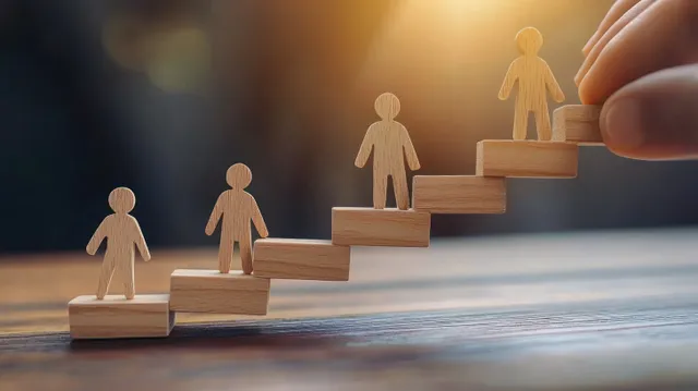 Paper figures climbing wooden steps toward a hand-placed goal