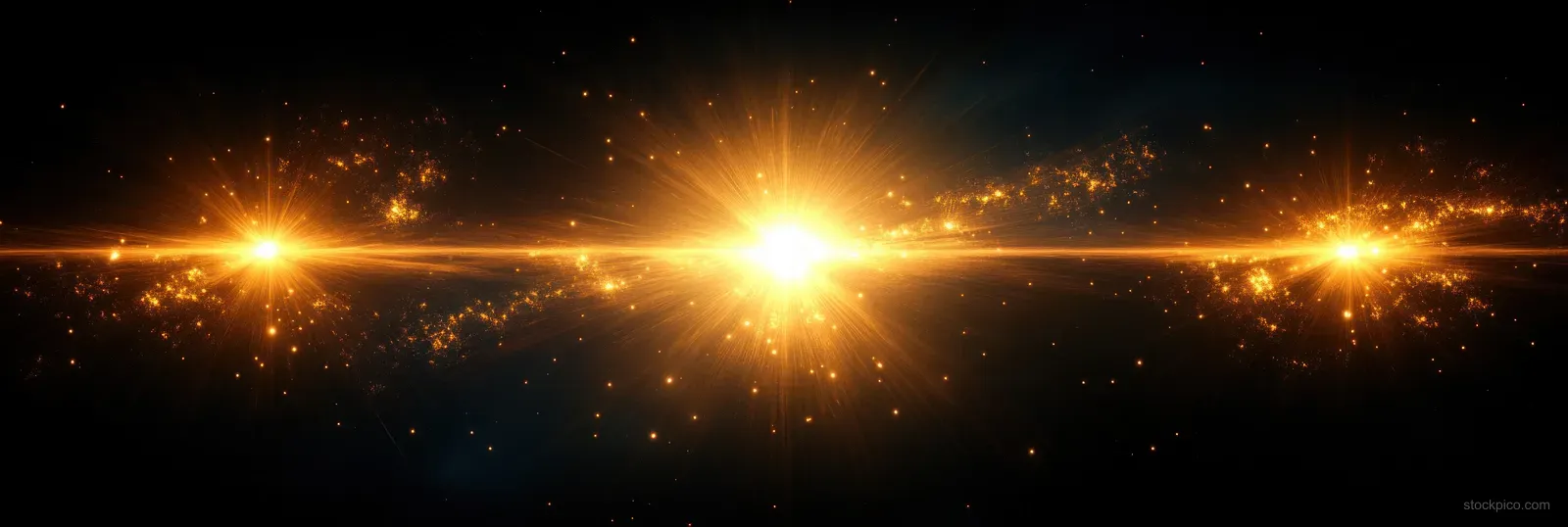 Golden starburst light rays and lens flare streaks scatter bright spark particles over a dark black background.