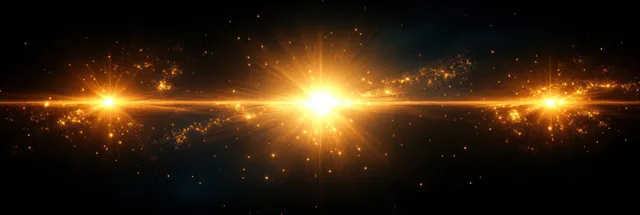 Golden starburst light rays and lens flare streaks scatter bright spark particles over a dark black background.