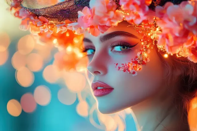 Young woman celebrating Dia de los Muertos with a colorful flower hat and painted skull face.
