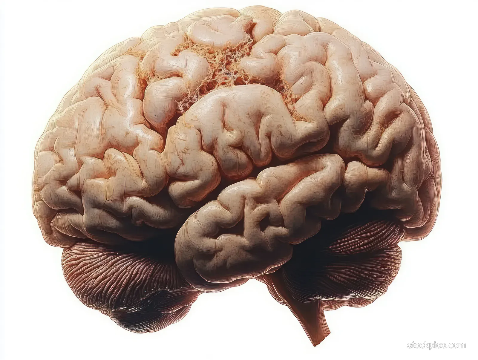 Realistic close-up of a human brain model with detailed folds on a plain white background.