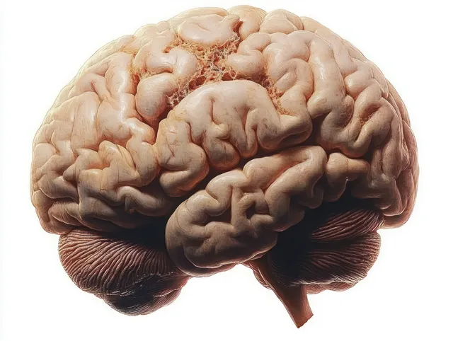 Realistic close-up of a human brain model with detailed folds on a plain white background.