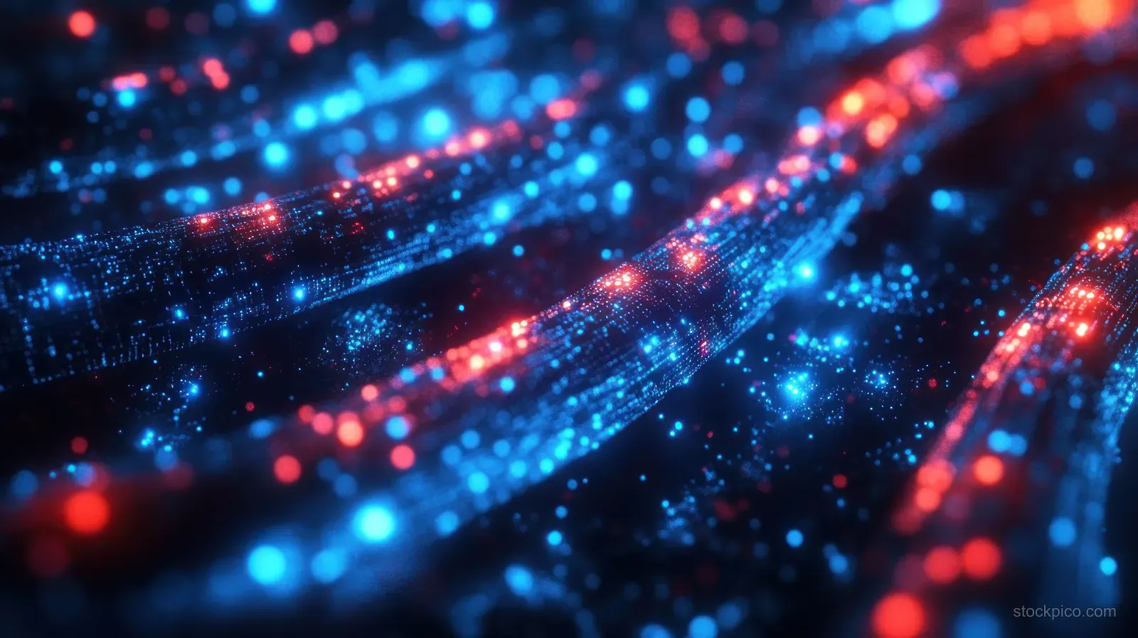 Glowing blue and red data cables weave across a dark digital landscape, suggesting fast network signal flow.