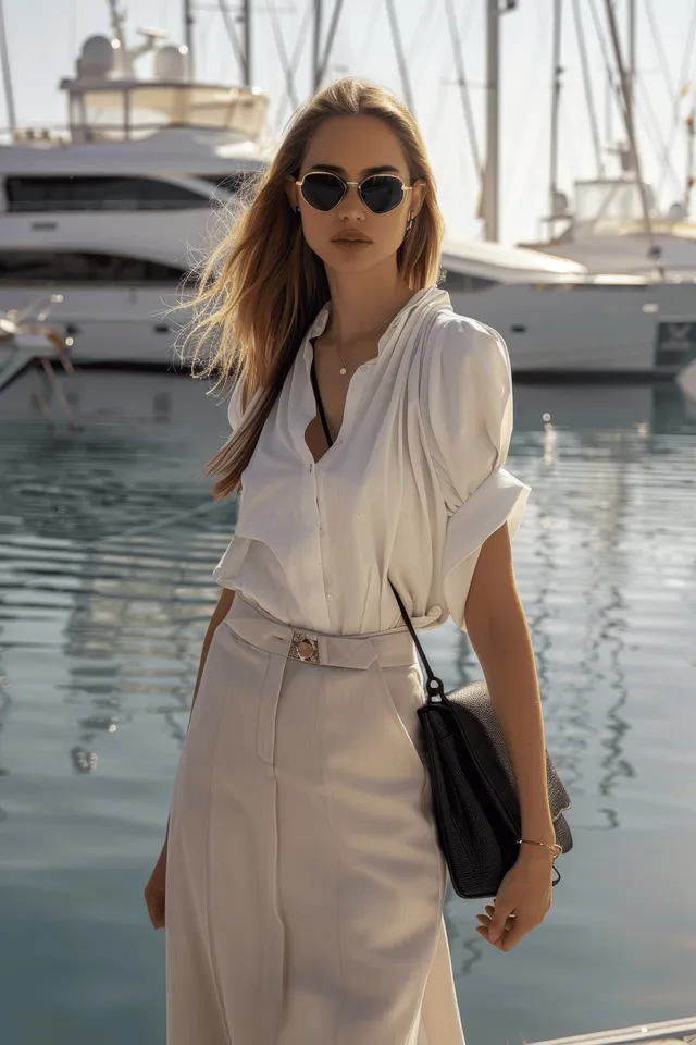 A woman in a white outfit walks beside docked yachts in a Cyprus marina at dawn.
