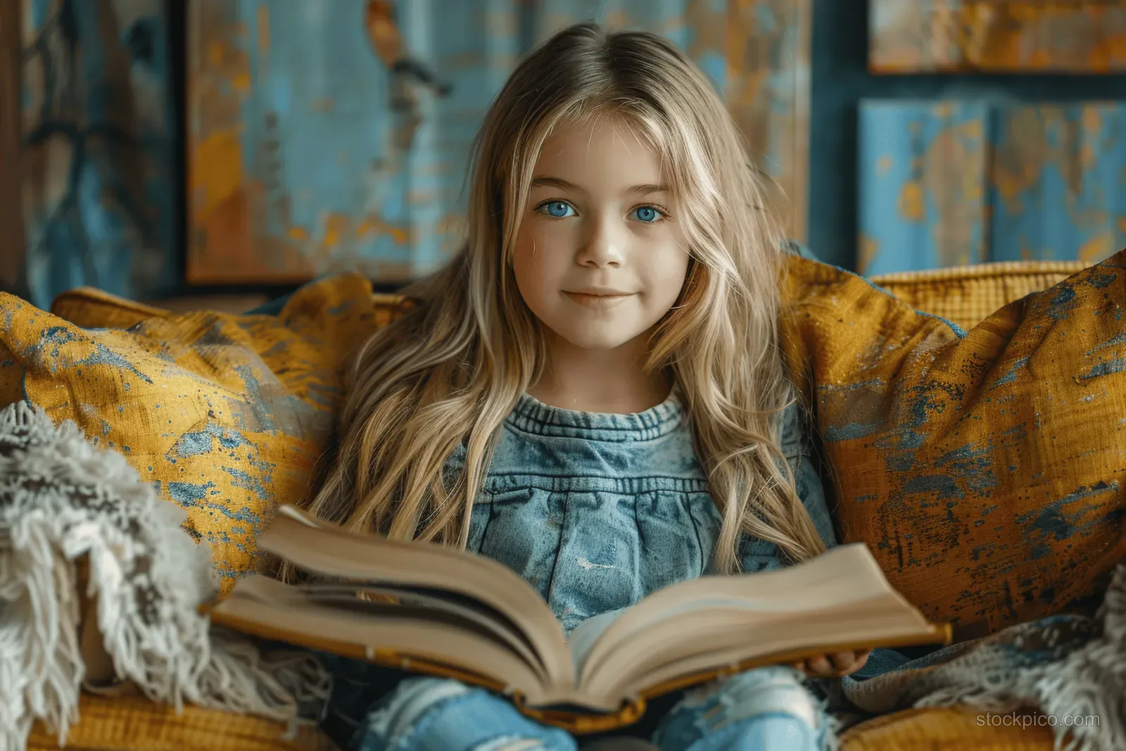 A blonde girl sits on a mustard couch reading an open book in a cozy living room.