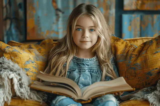 A blonde girl sits on a mustard couch reading an open book in a cozy living room.