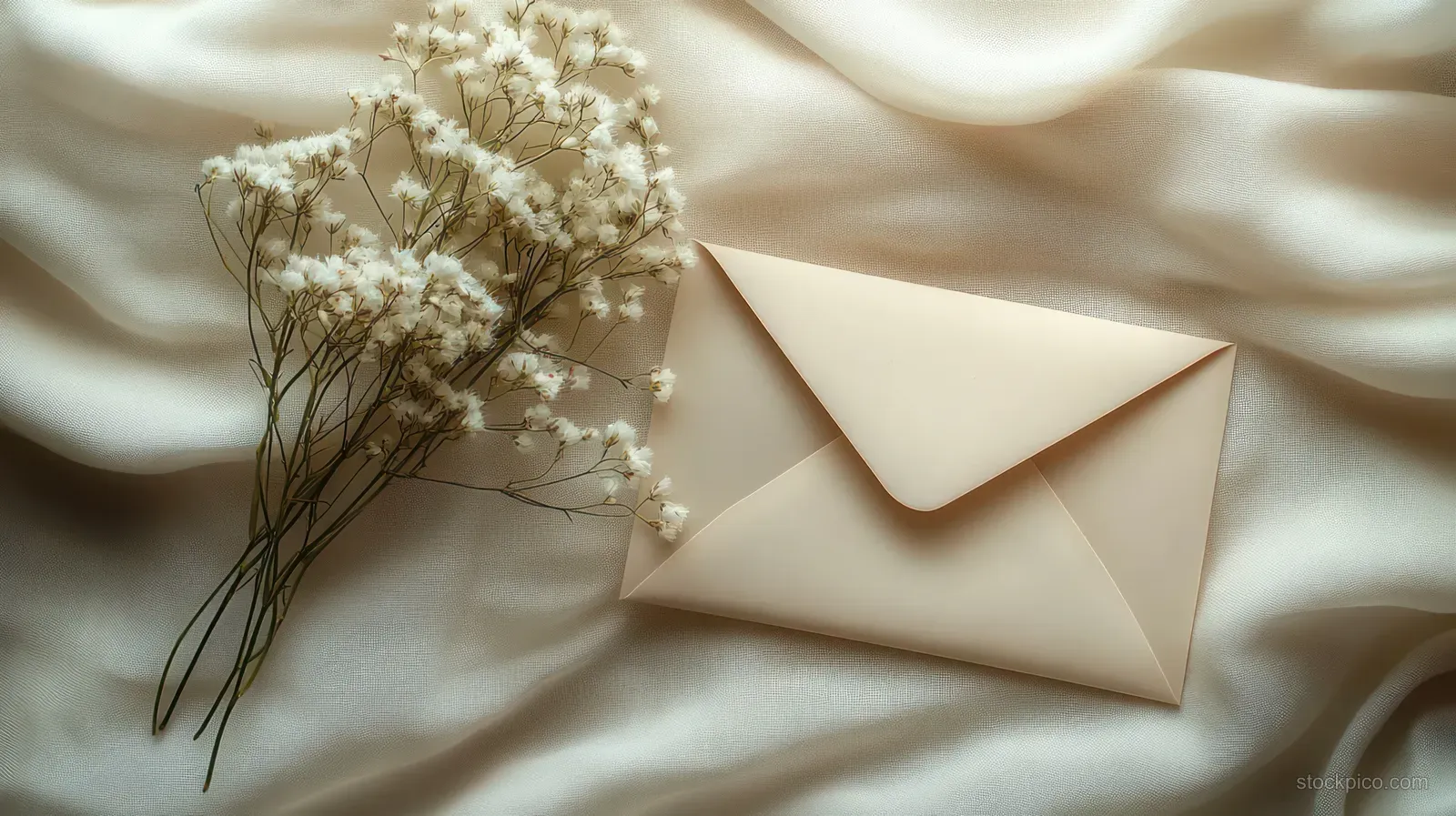 Delicate white baby's breath flowers lie beside a closed beige envelope on soft cream fabric.