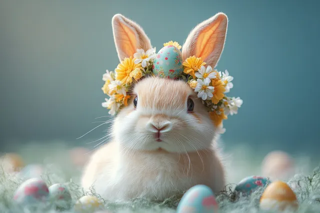 White rabbit wearing a flower crown resting on pastel Easter eggs with a soft blue spring background.