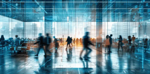 Blurred professionals stride through a futuristic office lobby beneath a glowing digital grid backdrop.